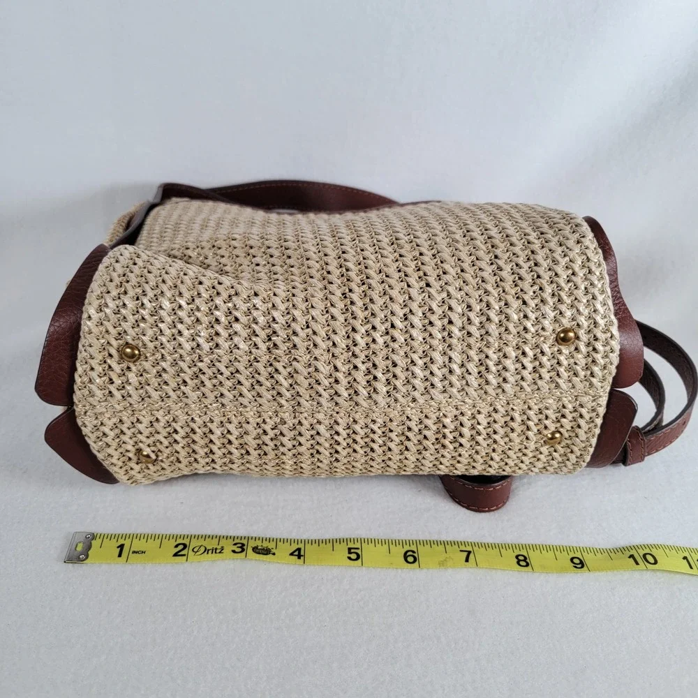American Leather Co Womens Triple Entry Satchel Raffia Leather Bag Medium Tan